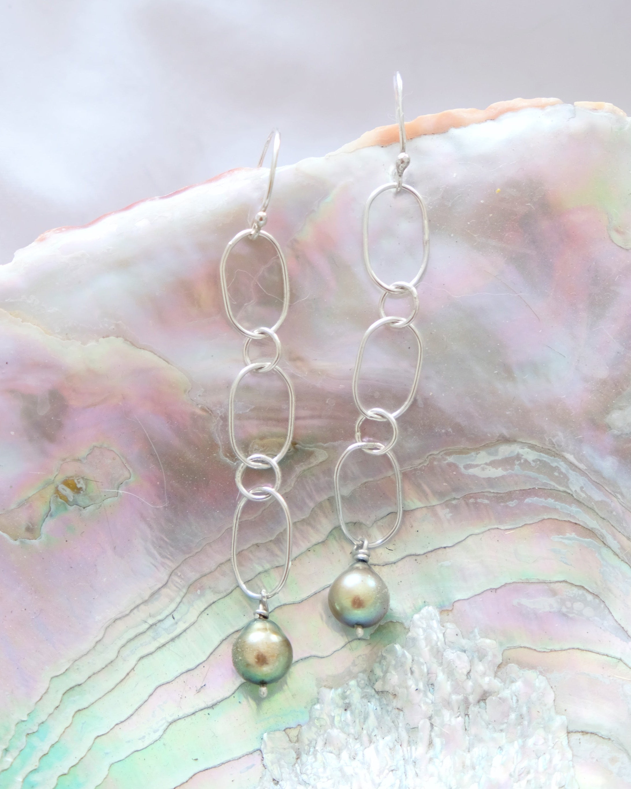 Green Pearl Chain Earrings
